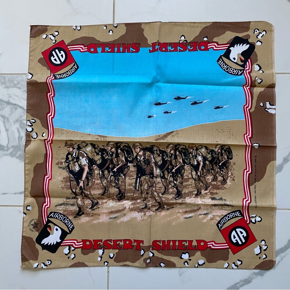 Vintage 1990s 90s Desert Shield US Military Airborne Camo Bandana 22” Storm